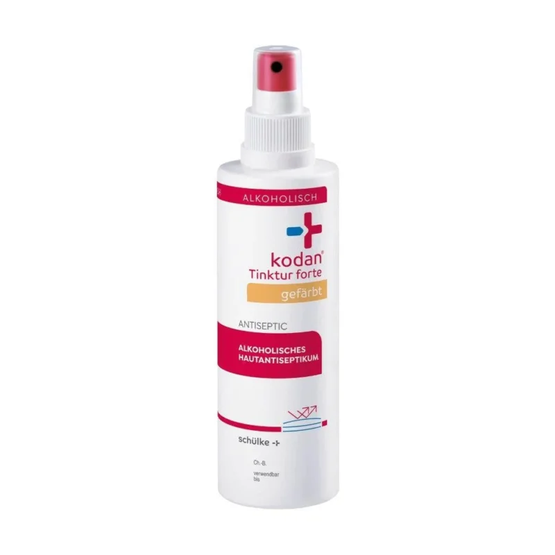 Eine weiß-rosa Sprühflasche Schülke kodan® Tinktur forte Hautantiseptikum gefärbt von der Schülke & Mayr GmbH mit deutschem Text und weißem Verschluss.