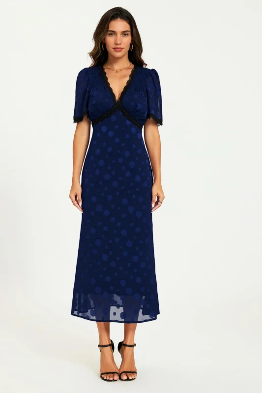 Midikleid mit Polka-Dot-Jacquard-Spitzenbesatz in Navy