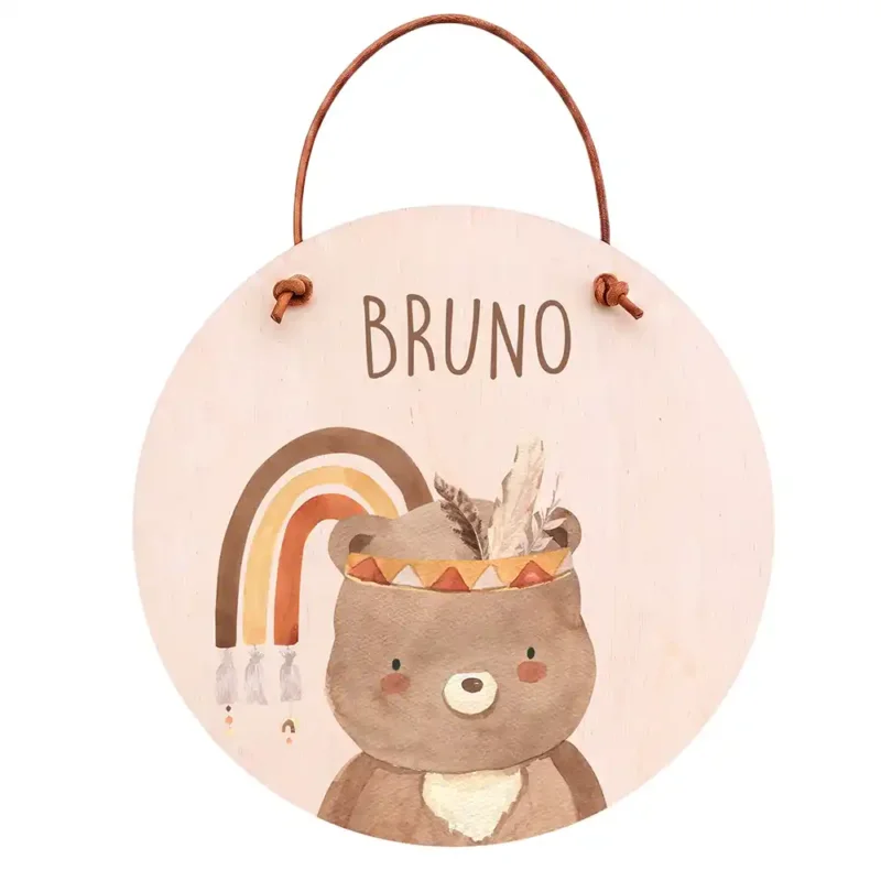 Türschild Kinderzimmer Bär mit Regenbogen, aus Echtholz, personalisiert mit Wunschname