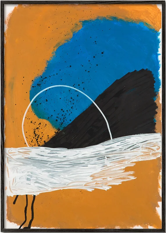 Abstraktes Bild Bogen an Küste in Ocker und Blau – Black Frame