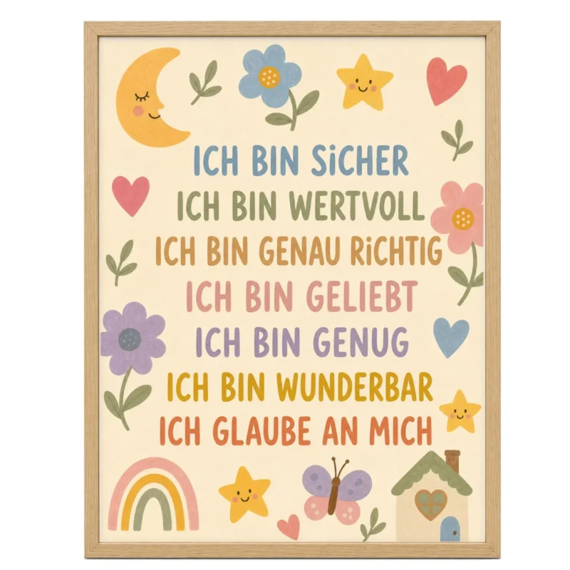Affirmationsposter Kinderzimmer Blumenwiese Ich bin sicher, im Mädchenzimmer
