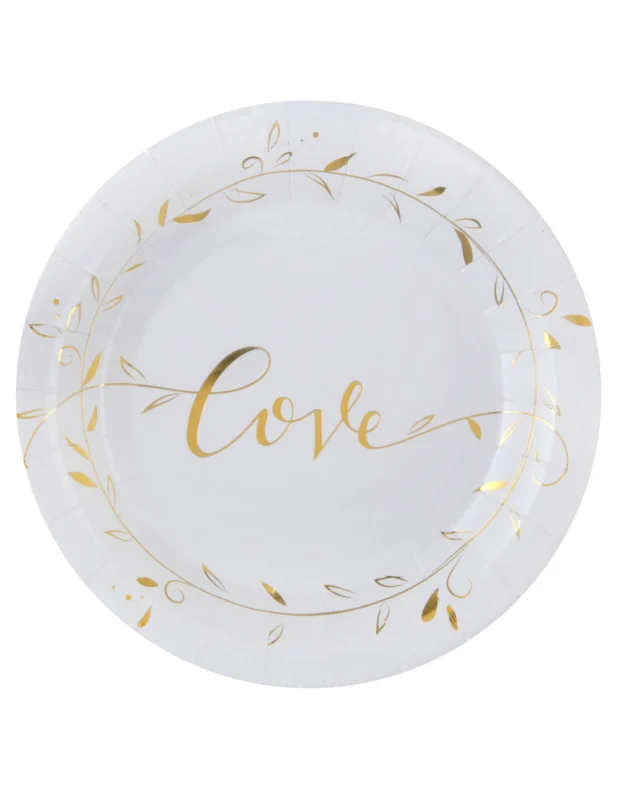 Assiettes en carton Just Married pour mariage blanches et dorées métallisées