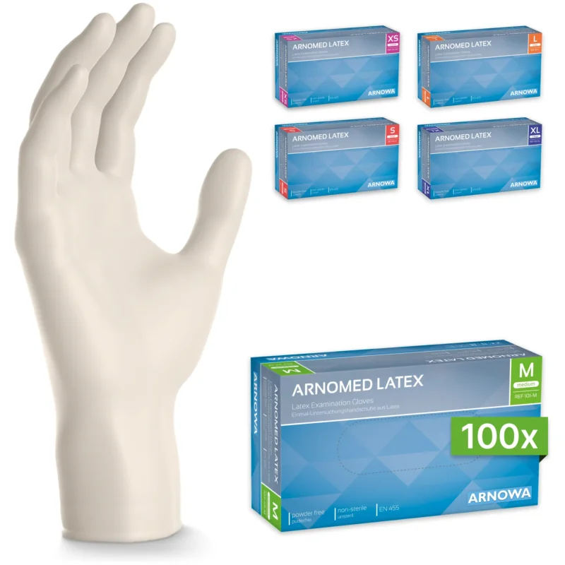Auf der linken Seite ist ein aufrecht stehender Latexhandschuh abgebildet. Rechts sind fünf Schachteln ARNOMED LATEX PF Puderfreie Einmalhandschuhe aus Latex Natur von ARNOWA GmbH in den Größen XS-XL abgebildet; die mittlere Schachtel erscheint unten im Detail größer.