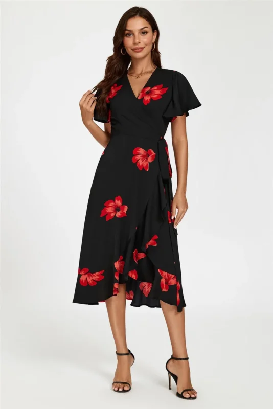 Wickelkleid Mit EngelsÀrmeln Und Blumenmuster In Schwarz
