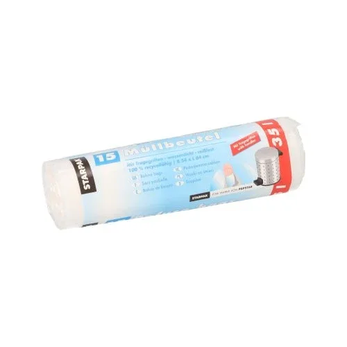 Eine Packung mit 15 transparenten Starpak-Müllbeuteln mit Griffen aus strapazierfähigem HDPE, jeweils 35 l (64 cm × 54 cm), wird mit einem Banderolenetikett mit Produktinformationen und einem Mülltonnenbild geliefert.