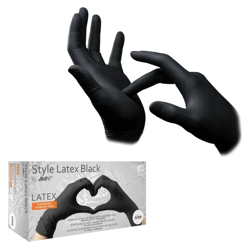 Zwei Hände tragen STYLE LATEX BLACK, schwarze, puderfreie Latex-Untersuchungshandschuhe von AMPri Handelsgesellschaft mbH. Eine Hand zieht am Handschuhbund. Darunter zeigt die Packung zwei behandschuhte Hände in Herzform.