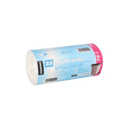 Abgebildet ist eine Rolle mit 25 transparenten Starpak Müllsäcken (HDPE, 70l, 100x57,5cm) mit deutscher Produktinformation auf der Banderole von Starpak auf weißem Hintergrund.