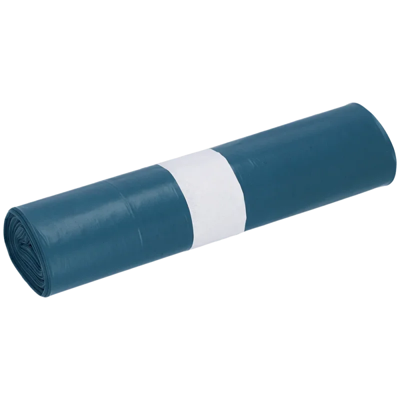 Eine Rolle EMIL DEISS KG (GmbH + Co.) DEISS Müllbeutel aus Recycling-LDPE 35 l in blau (25 Stück) ist mit einem weißen Papierband in der Mitte fest umwickelt und steht vor einem unifarbenen Hintergrund.