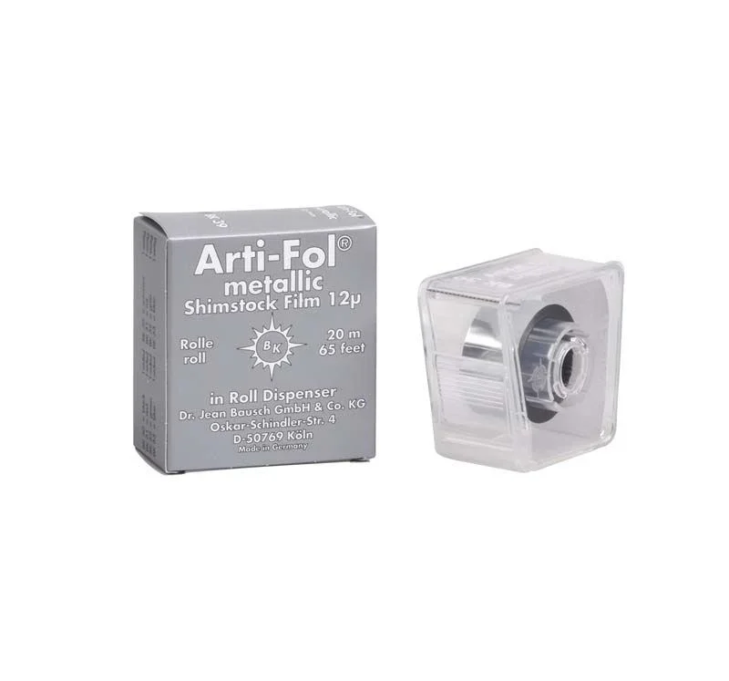 Arti-Fol® metallic 12µ Okklusionsfolie im transparenten Spender, 20m Länge.