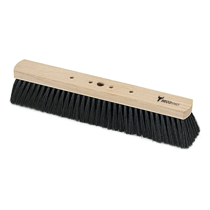 Der Nölle Profi Brush BECOnnect Saalbesen Qualitätsmischung Holzkörper von Nölle Profi Brush Bürsten- & Pinseltechnik e.K. verfügt über einen rechteckigen Holzbesen-Kopf mit dichten schwarzen Borsten und drei Löchern zur Stielbefestigung.