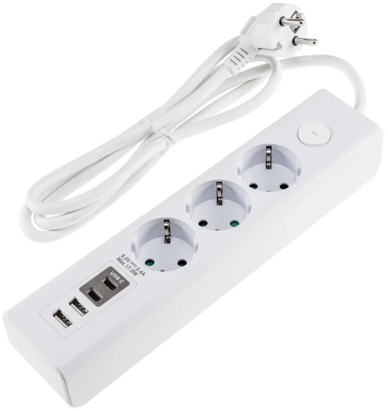 Steckdosenleiste mit Ladebuchsen für USB USB-A /USB-C,3-fach, weiß, 1,5m Kabel