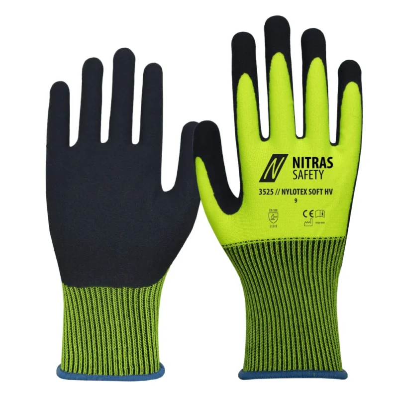 Ein Paar neongelbe NITRAS NYLOTEX SOFT HV Nylonhandschuhe der AS Arbeitsschutz GmbH mit schwarzen Details, einer Strickmanschette und robuster partieller Latexschaum-Beschichtung auf der Handfläche.