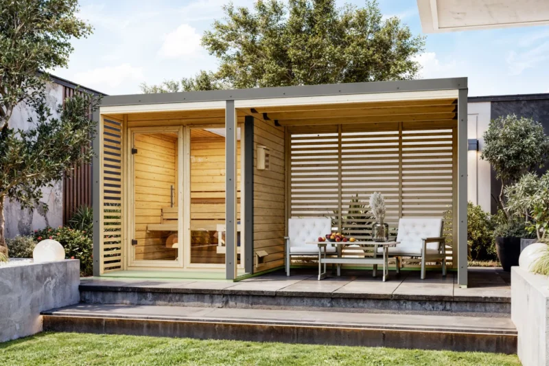 Karibu Gartensauna "Saunahaus Ares 1 mit 2,70 m Anbaudach" 4 Personen