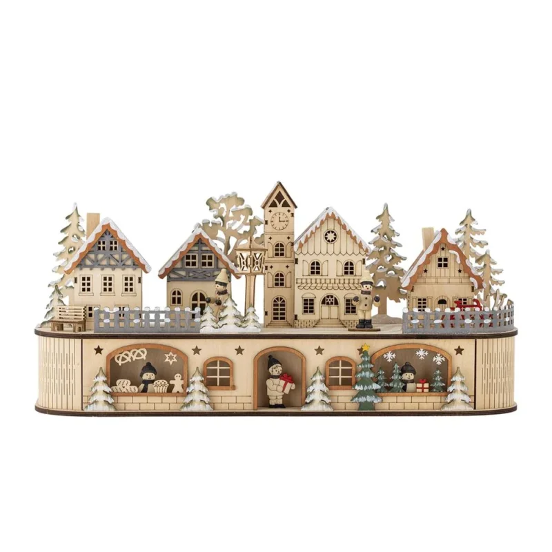 Bloomingville Norwich Deko mit Licht Natur Holz LED Weihnachtsdorf