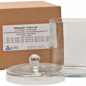 Watteglas mit Überfalldeckel, Durchmesser 120mm, Höhe 120mm, neben Verpackung.