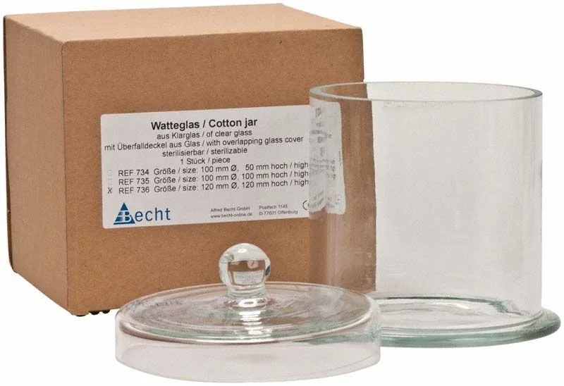 Watteglas mit Überfalldeckel, Durchmesser 120mm, Höhe 120mm, neben Verpackung.