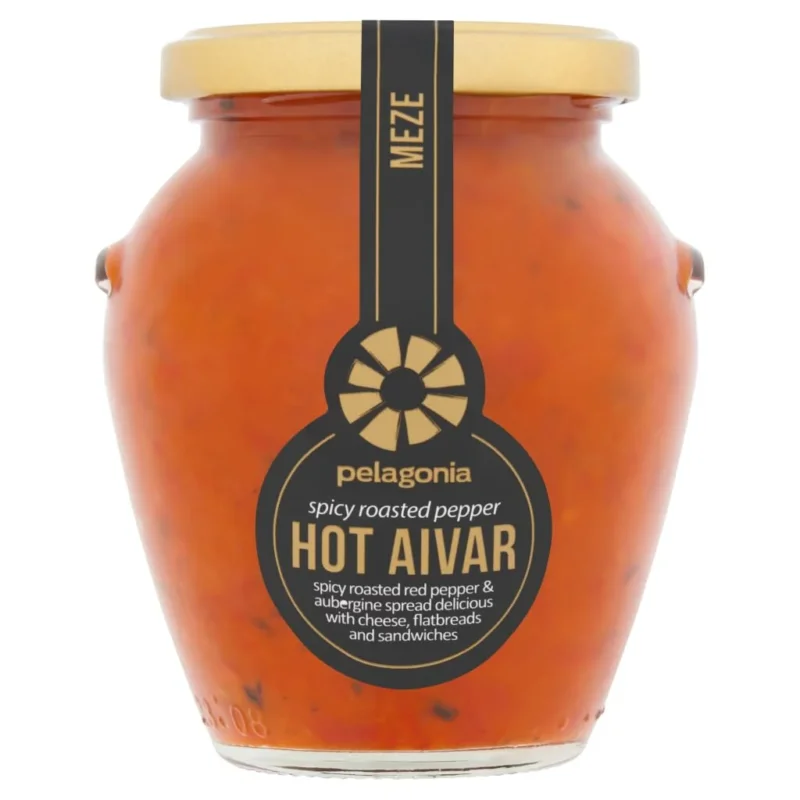 PELAGONIA - HOT Aivar | Fruchtig scharfer Dip aus gerösteter roter Paprika & Aubergine. Aivar ideal als Beilage zu Grill- und Reisgerichten sowie für Fleisch oder Brotaufstriche | Inhalt: 314g