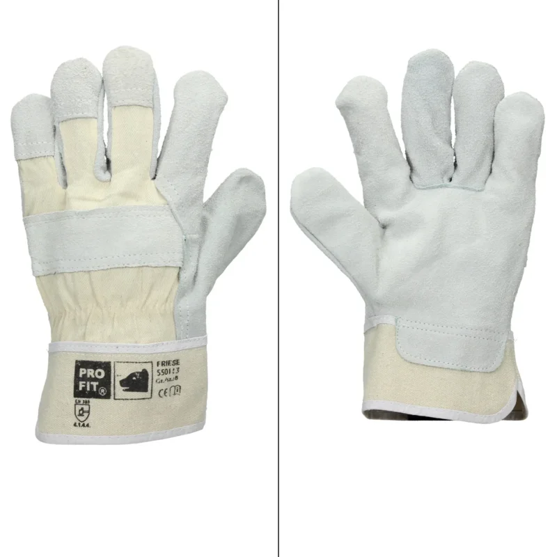Ein Paar graue Arbeitshandschuhe mit beigem Handgelenk.