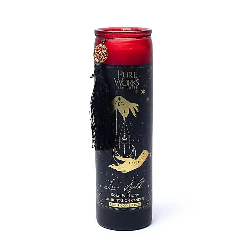 Manifestationskerze Love Spell, Duft Rose & Pfingstrose, farbiges Glas mit Quaste.