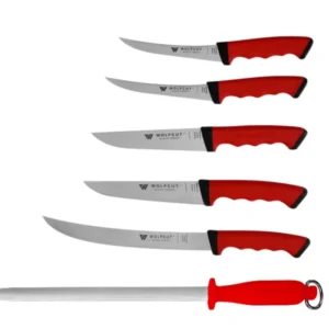 WOLFCUT SoftGrip RED-Serie - Metzgermesser-Set 6-tlg. - Ausbeinmesser, Stechmesser, Fleischermesser, Zerlegemesser, Wetzstahl
