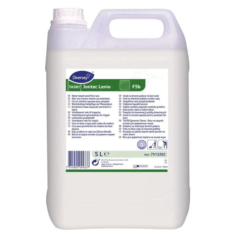 Ein 5-Liter-Kanister von Diversey TASKI Jontec Lenio, einer lösungsmittelfreien Wachsdispersion zur Pflege von Holzbelägen, von Diversey Deutschland GmbH & Co. OHG, mit Griff, Schraubverschluss und mehrsprachigem Produktetikett.