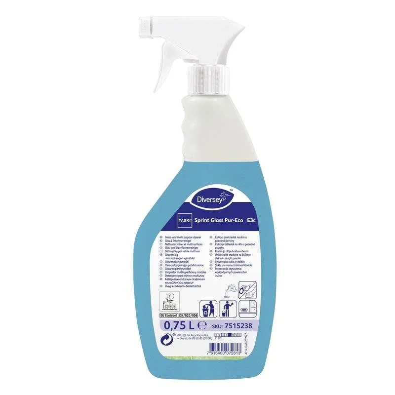 Eine weiß-blaue Sprühflasche mit der Aufschrift „TASKI Sprint Glass Pur-Eco Glas- und Oberflächenreiniger“ der Diversey Deutschland GmbH & Co. OHG enthält 0,75 Liter umweltfreundlichem Reiniger, mit Gebrauchshinweisen auf dem rückseitigen Etikett.
