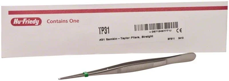 Anatomische Pinzette Semkin Taylor gerade mit geriefter Oberfläche vor Verpackung.