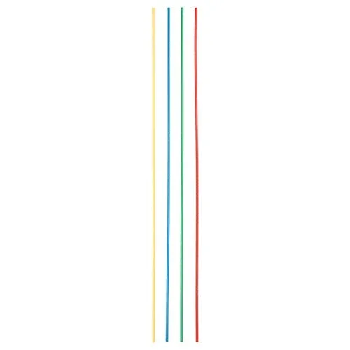 Vier PAPSTAR Trinkhalme Maxi Papier (Ø 6 mm, 80 cm), farbig sortiert, der PAPSTAR GmbH sind senkrecht nebeneinander auf weißem Hintergrund abgebildet.