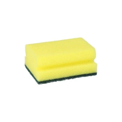 Ein rechteckiger gelb/grüner Kratzender Schwamm von Starpak mit Griffrille, Größe 4,1 x 9,5 x 6,8 cm, aus dem Set „Starpak 6 Topfreiniger“, abgebildet auf weißem Hintergrund.