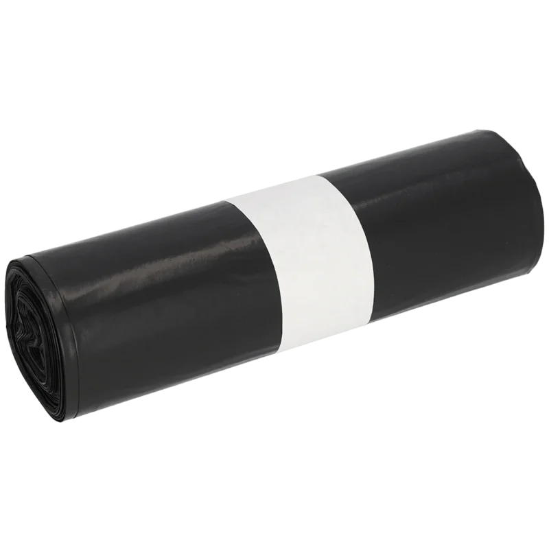 Abgebildet ist eine Rolle EMIL DEISS KG (GmbH + Co.) DEISS 95005 Müllbeutel, 200+180x540 mm Typ 70 schwarz (25 Stück), gesichert mit einem einfachen weißen Papierband, auf weißem Hintergrund.