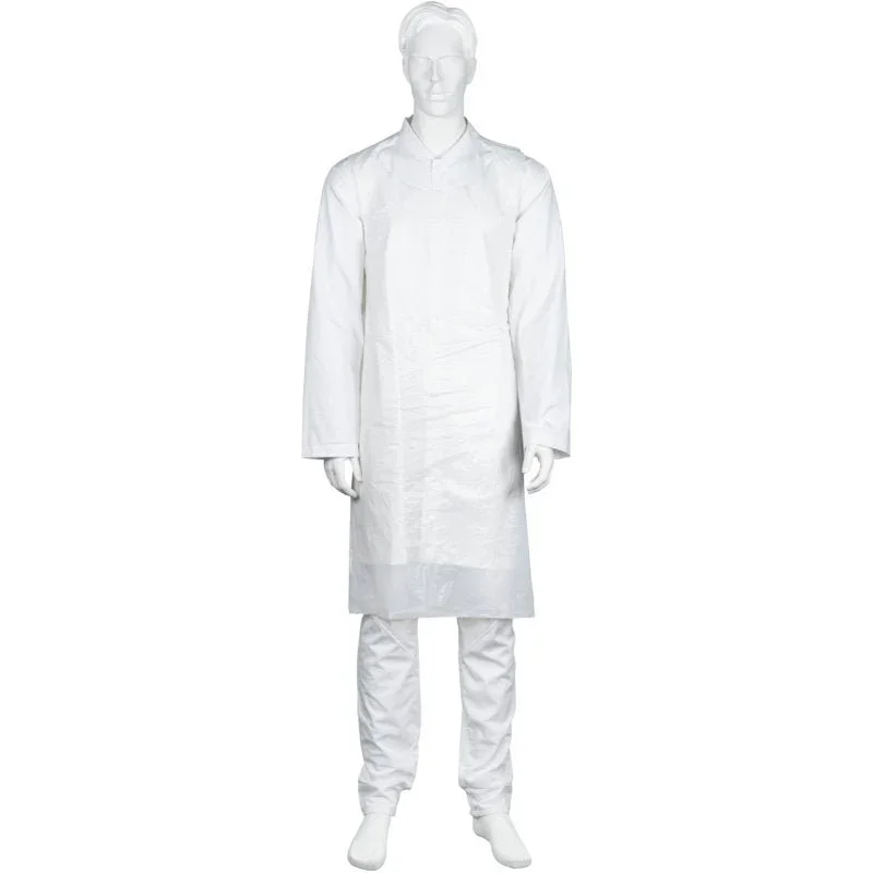 Eine Schaufensterpuppe trägt eine weiße Abena Re-Seller GmbH Einwegschürze, 75x125 cm, 18 my LDPE (Packung mit 100 Stück), aufrecht stehend mit seitlich angelegten Armen vor einem schlichten weißen Hintergrund.