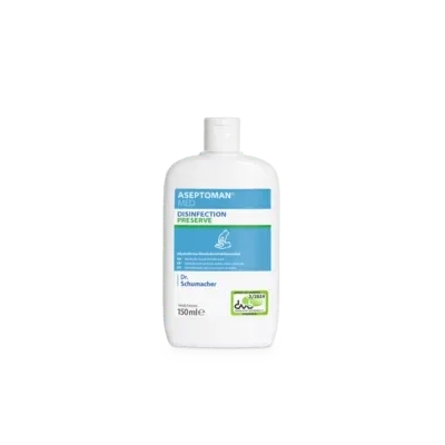 Abgebildet ist eine weiße 150-ml-Kunststoffflasche Dr. Schumacher Aseptoman® med Händedesinfektion der Dr. Schumacher GmbH mit blauem Etikett mit grünen Akzenten und weißem Flip-Top-Verschluss vor einem schlichten hellen Hintergrund.