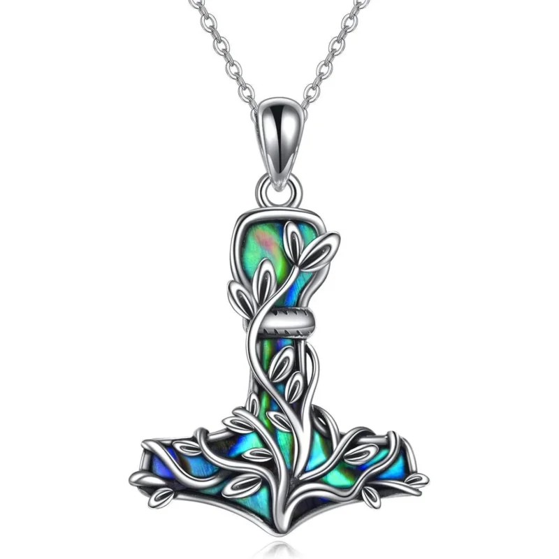 Thor Hammer Halskette Sterling Silber mit Baum des Lebens und Abalone Muschel