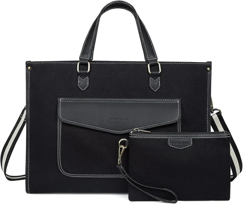 Laptoptasche Damen Canvas 15,6 Zoll Umhängetasche Beige Schwarz