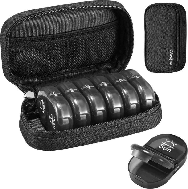 Tablettenbox Organizer 7 Tage Pillendose Schwarz Canvas Tasche