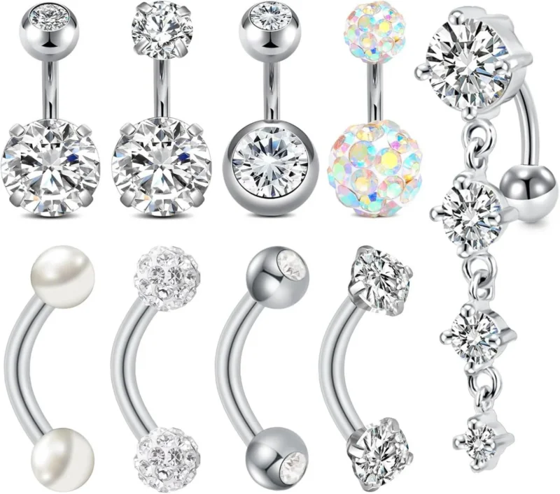 Bauchnabelpiercing Edelstahl 14G 6mm 8mm CZ Gold Silber