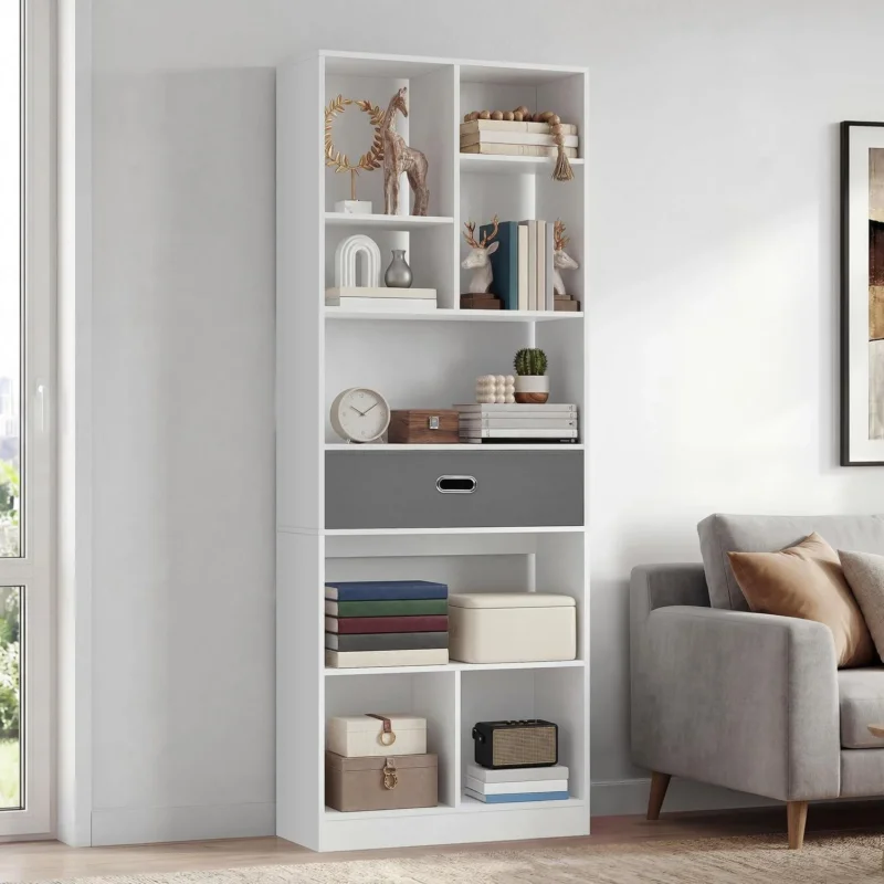 Hohes Bücherregal mit Schublade – Weiß, 60x24x170 cm