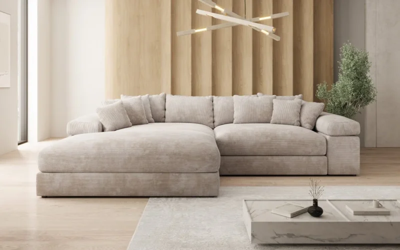 Designer Ecksofa Bernardo mit breiter Ottomane in Cord