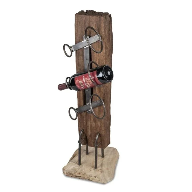 Weinregal für 3 Flaschen aus massivem Teakholz mit Metall Flaschenhaltern