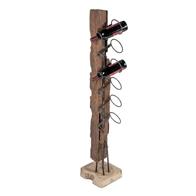 Weinregal für 6 Flaschen aus massivem Teakholz mit Metall Flaschenhaltern