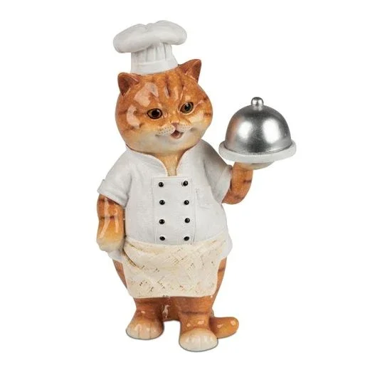 Deko Katze als Koch aus Kunststein – handbemalte Katzenfigur mit Serviertablett, 16 cm