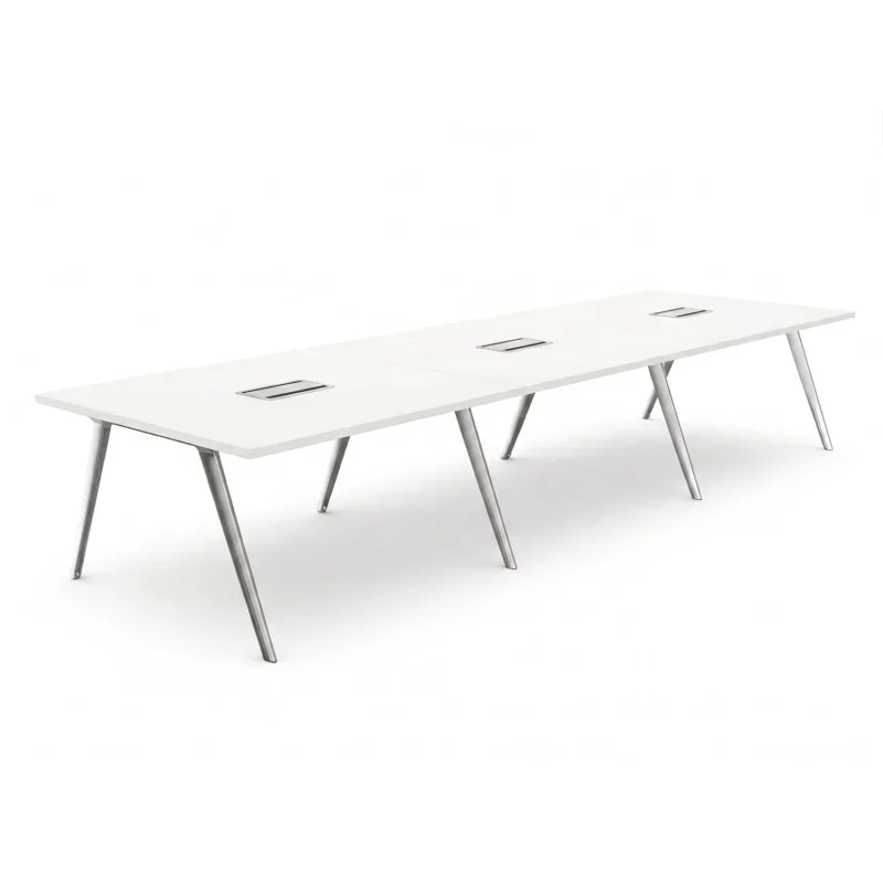 Langer Brunner Konferenztisch Ray 720x160cm mit weißer HPL-Platte, Chromgestell und integrierten Kabelkanälen.