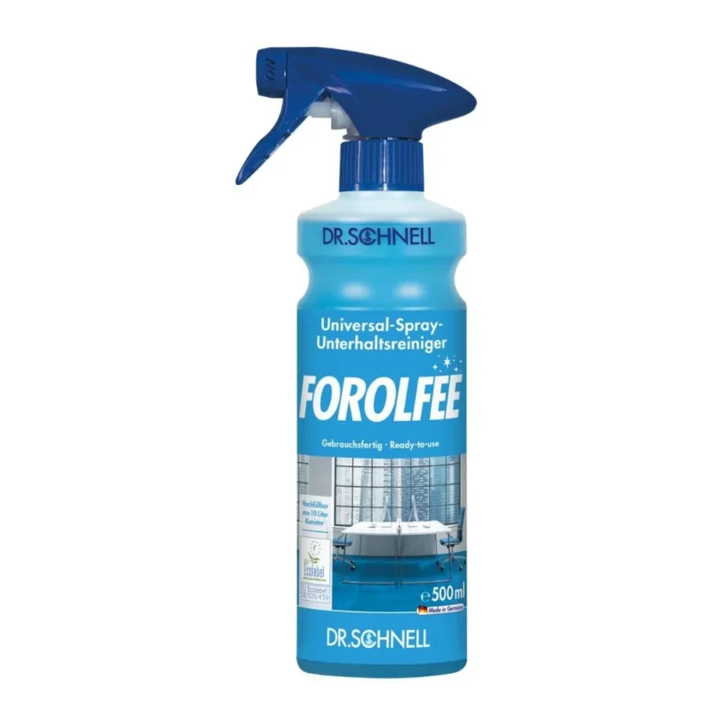 Eine blau-weiße Sprühflasche mit der Aufschrift "Dr. Schnell ForolFee Universalreiniger, gebrauchsfertig für Oberflächen" der DR.SCHNELL GmbH & Co. KGaA fasst 500 ml und zeigt auf ihrem Etikett ein sauberes Badezimmerbild.