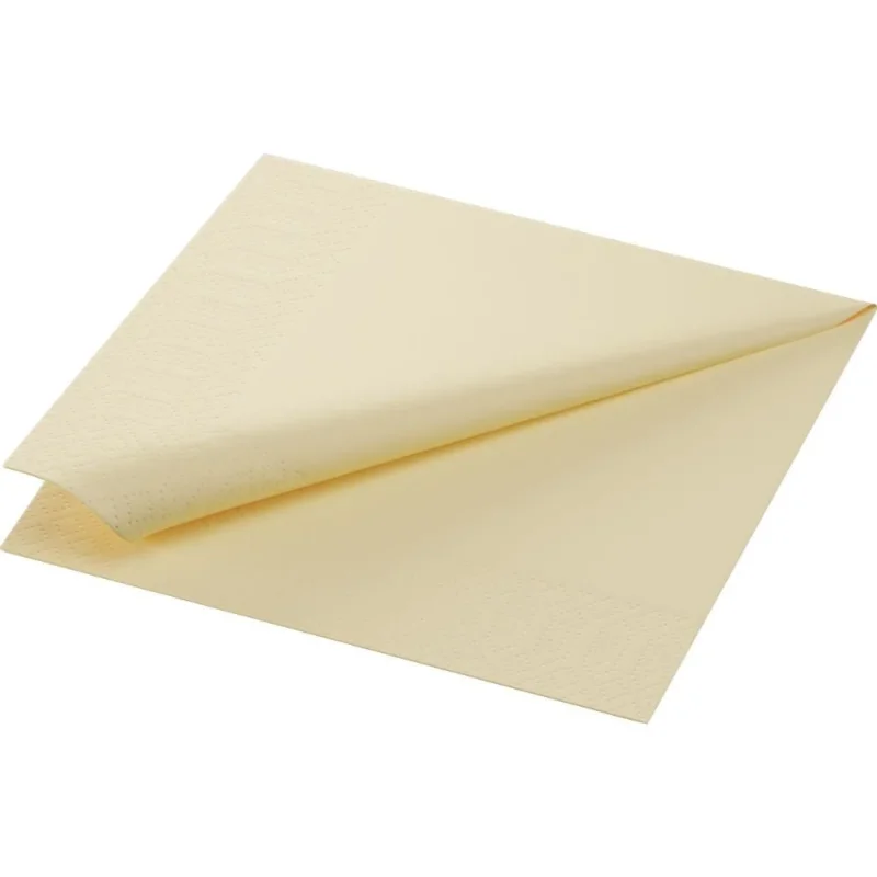 Eine gefaltete, schlichte Zelltuchserviette der Duni GmbH in Hellgelb ist auf weißem Hintergrund abgebildet. Diese 33 x 33 cm große, dreilagige Serviette weist dezente Prägemuster entlang der gefalteten Kanten auf, die ihren umweltfreundlichen Charakter betonen.