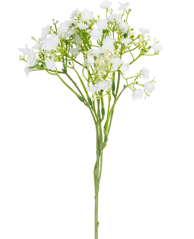 Ein einzelner künstlicher Zweig von Baby's Breath mit einer Größe von 46 cm mit kleinen, zarten weißen Blüten und grünen Stielen vor einem schlichten weißen Hintergrund.