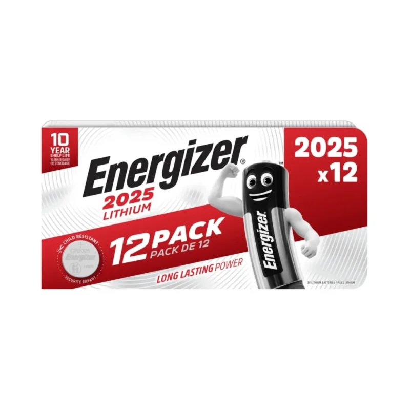 Das Bild zeigt eine Verpackung der Energizer Knopfzelle CR 2025 3V 163 mAh Lithium | Packung (12 Stück) von Energizer Deutschland GmbH, gekennzeichnet als 12er-Pack mit lang anhaltender Leistung. Die weiß-rote Verpackung zeigt ein batterieförmiges Zeichen und weist auf eine Haltbarkeit von 10 Jahren und Kindersicherung hin.