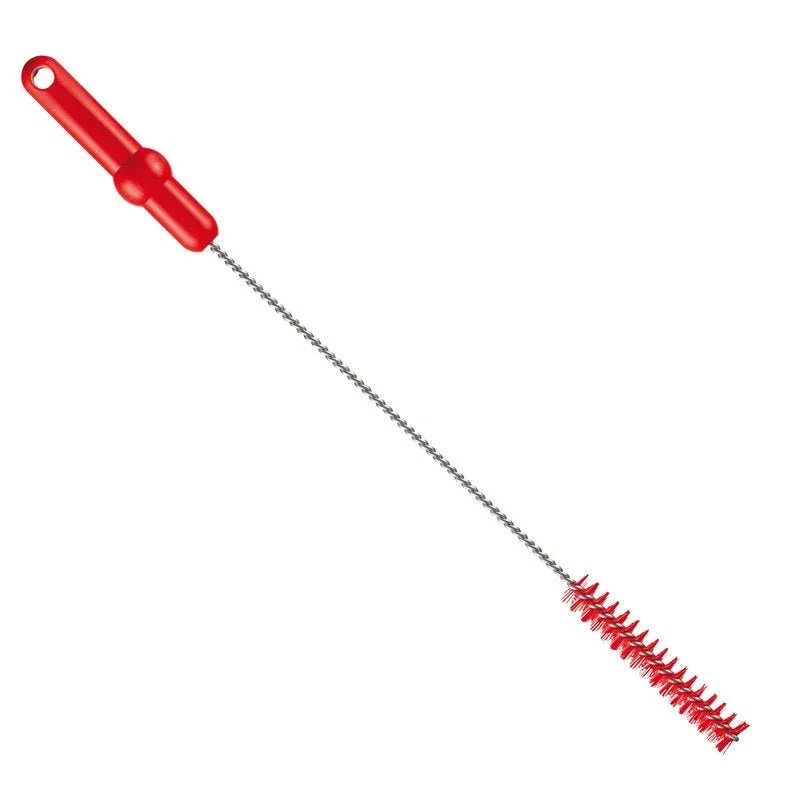 Die ROHRBÜRSTE, ø 0,50MM HART 500Xø 20MM von Haug Bürsten KG hat einen roten Kunststoffgriff mit Aufhängeloch, einen gedrehten Metallstiel und feste zylindrische Borsten - ideal als Reinigungsbürste für die gründliche Reinigung.
