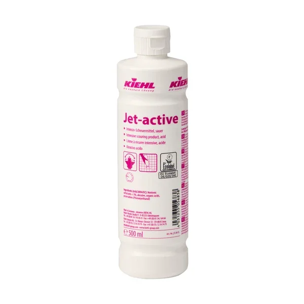 Kiehl Jet-active Intensiv-Scheuermittel, sauer, von Johannes Kiehl KG, 500 ml, weiße Kunststoffflasche, mit rosafarbenem Text und Sicherheitshinweisen auf dem Etikett; geeignet für hartnäckigen Schmutz. Die Flasche hat einen weißen Verschluss. Erhältlich im 12er-Karton.