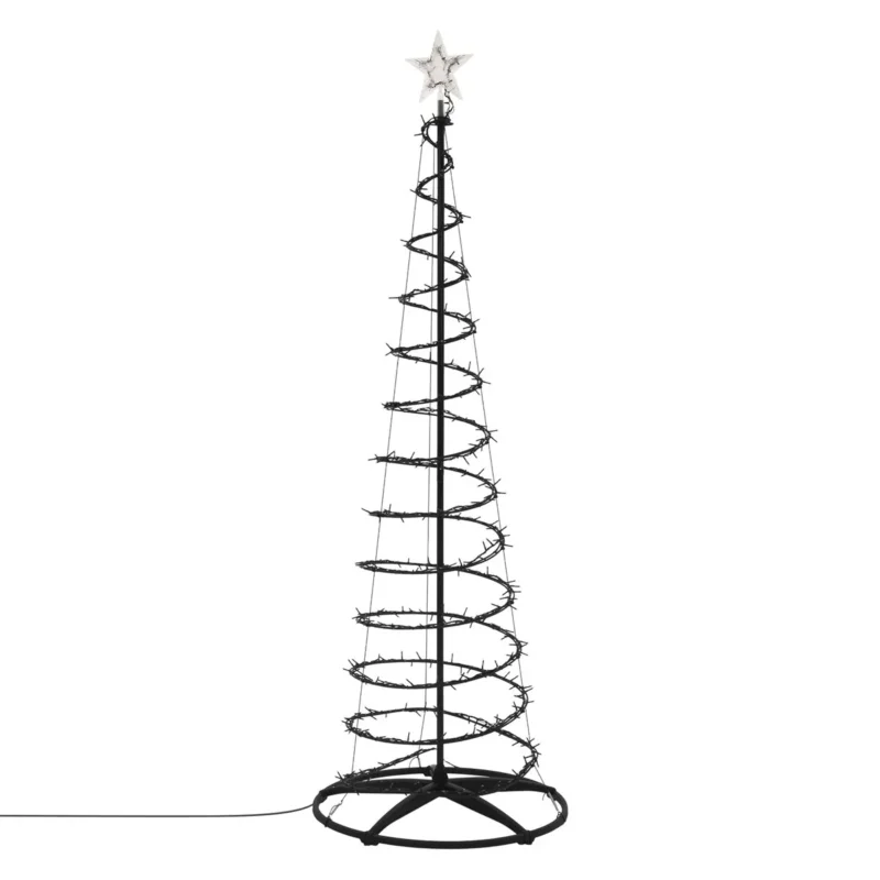 Ein schwarzer, spiralförmiger Weihnachtsbaum mit Lichtern und einem St