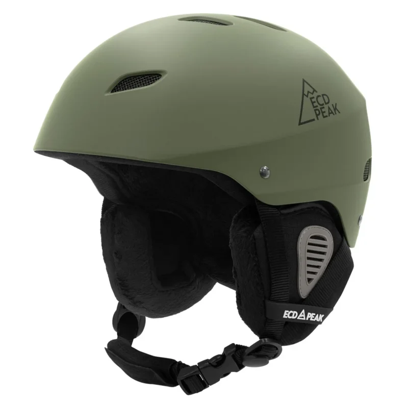 Grüner Skihelm von der Seite, mit Innenpolsterung.